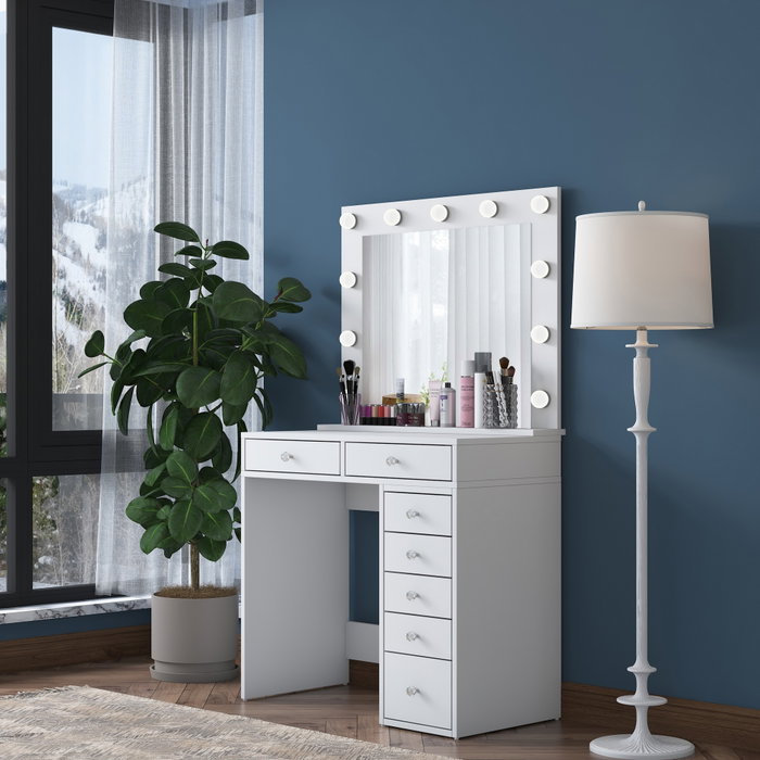 Hanah Home Mesa de Maquillaje Blanca con 11 Bombillas Hanah Home Mesa de Maquillaje Blanca con 11 Bombillas